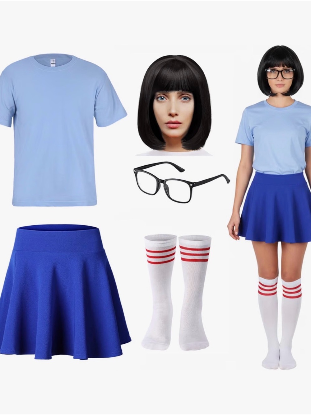 Tina Belcher Costume Set with Black Wig & Glasses